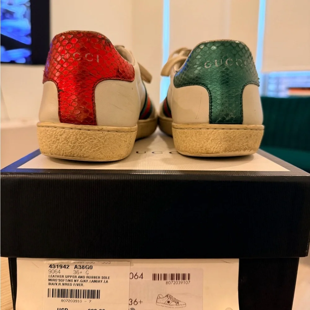 White Leather Sneaker with Red & Green Stripe and Embroidered Bee - Picture 5 of 6